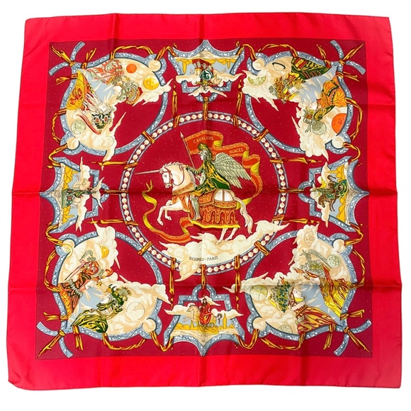HERMES RED MULTI CAVALIERS DES NUAGES PRINT SQUARE SILK TWILL SCARF - Picture 1 of 10